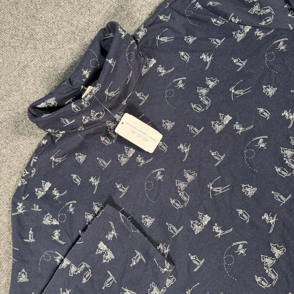 CJ Banks Women 2X Navy Blue Ski Print Mock Neck Long Sleeve Top 75944 NWT #4455